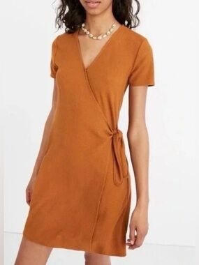 Madewell Texture & Thread faux wrap dress mini rust short sleeves v neck beach M